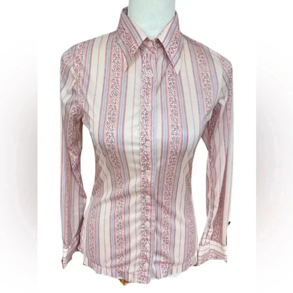 Vintage chuk a poo pink cream floral stripe stretchy collared button up shirt - Picture 1 of 6